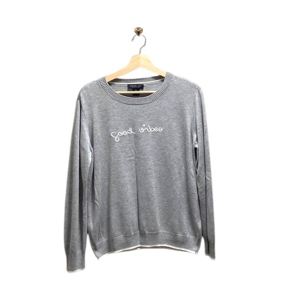 Rachel Zoe Good Vibes Embroidered Cashmere Blend Sweater Gray Size L Minimalist - Picture 2 of 12